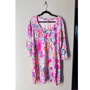 Lilly Pulitzer Shift Dress M Pink Tropical Print Modal Scoop Neck Resortwear
